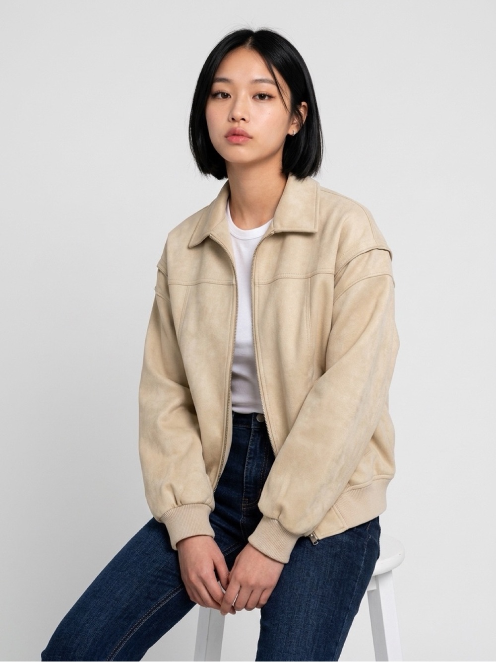 Women's Cream Faux Leather Bomber Jacket - Neutral Tone, oversized. Size sm/md